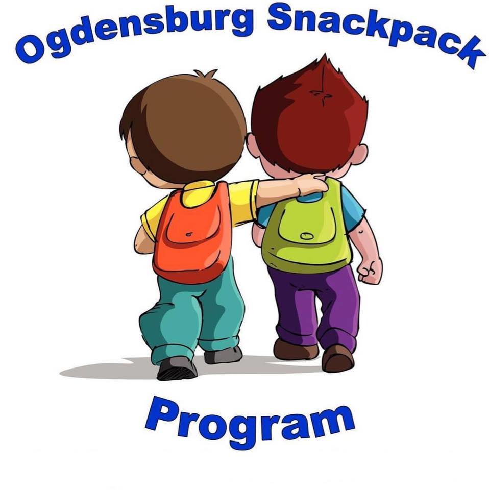 text that reads: "Ogdensburg Snackpack Program" with two cartoon students walking side-by-side wearing backpacks.